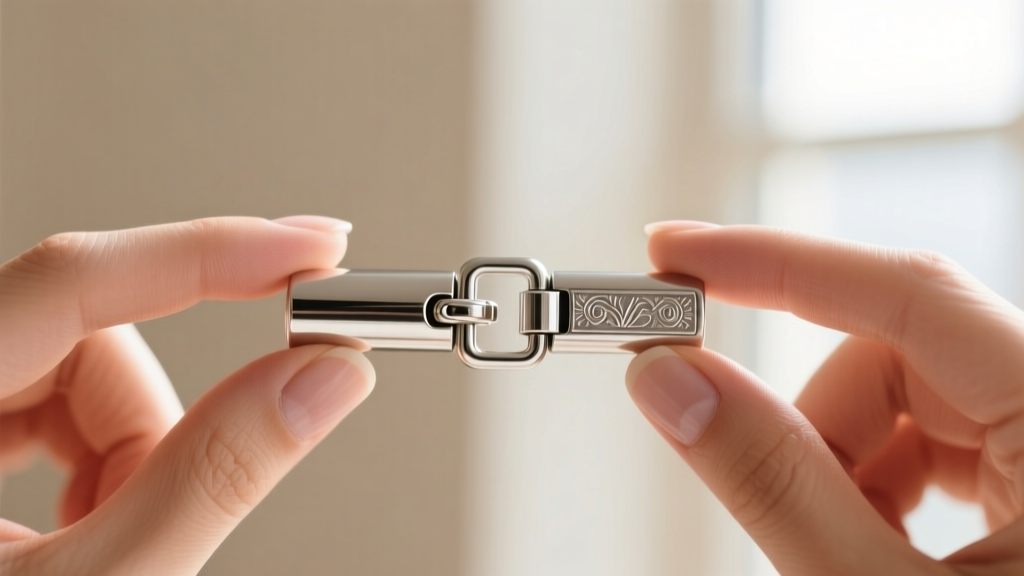 Macro photo of a magnetic barrel clasp with a hidden safety latch, crafted in polished sterling silver, held between two fingers