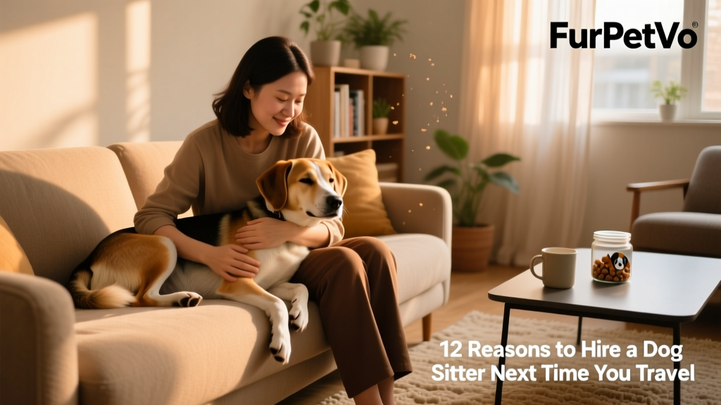 A FurPetVo sitter gently cuddling a relaxed dog on the living room sofa