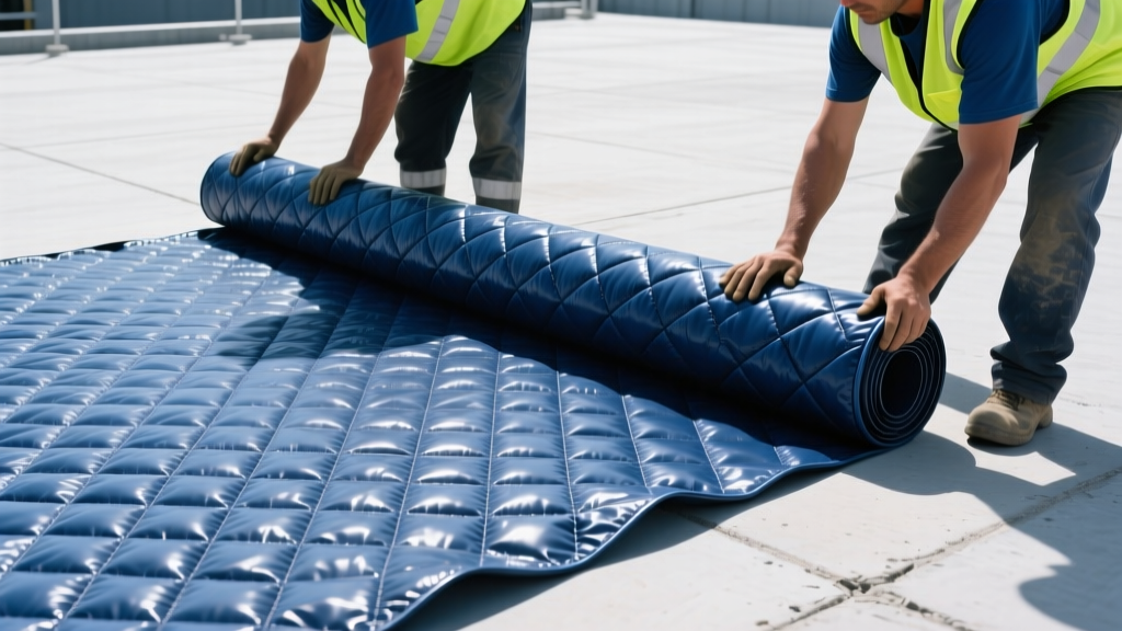 Close-up of a heavy-duty PVC-coated quilted waterproof membrane being unrolled over a concrete plaza deck by construction workers in high-vis vests