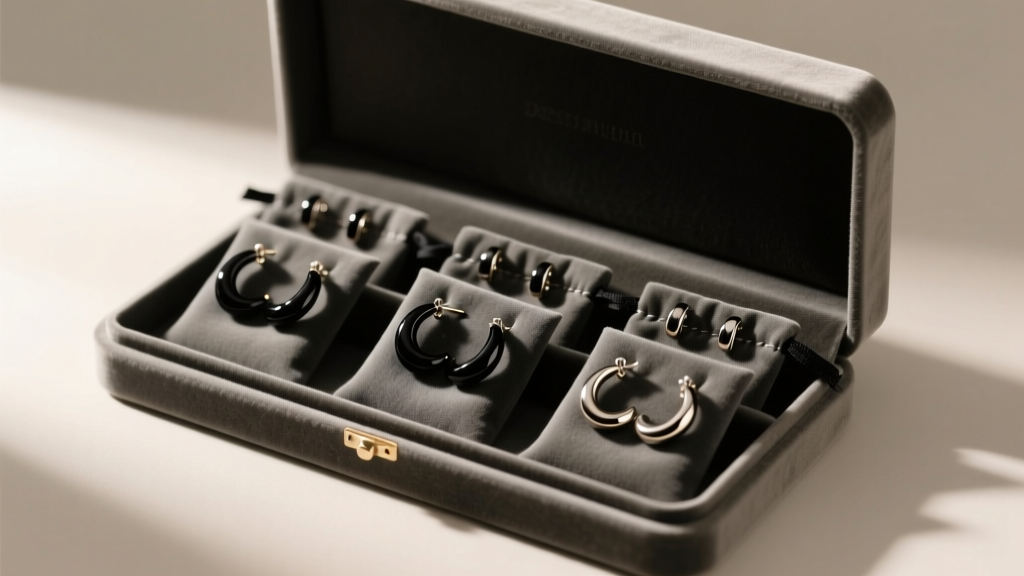 Velvet box displaying black hoops earrings separated in individual anti-tarnish microfiber pouches to prevent surface scratching