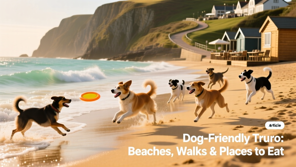 Dogs playing joyfully on Pendower Beach, with golden sand, gentle waves, and coastal cliffs in the background