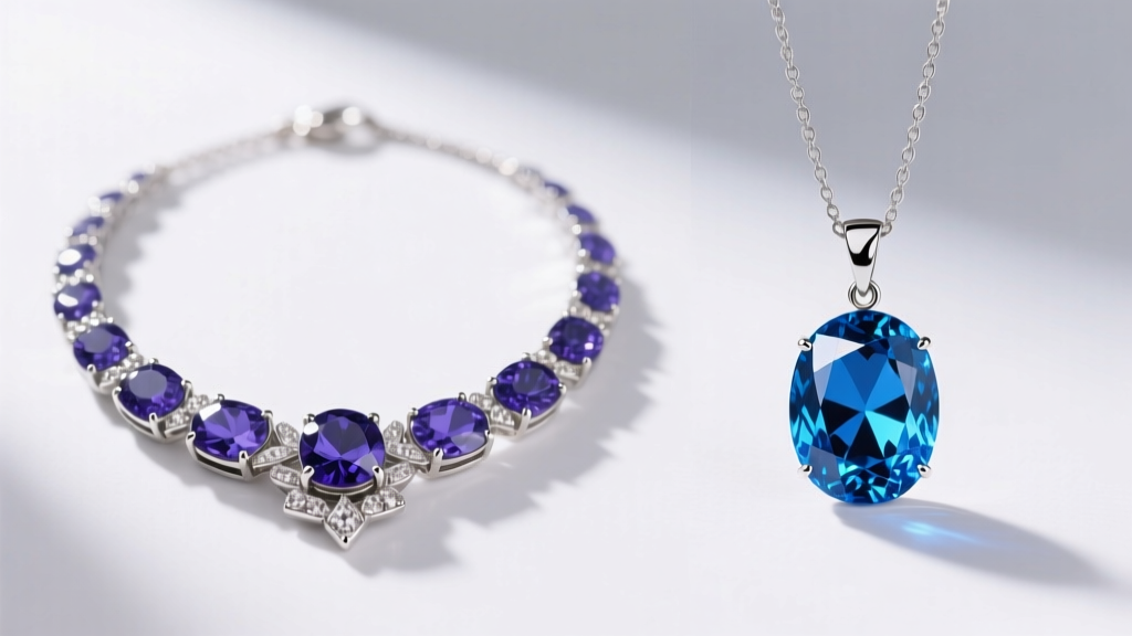 Side-by-side comparison sketch of a tanzanite movie prop necklace and a vivid Ceylon sapphire luxury pendant under bright lighting