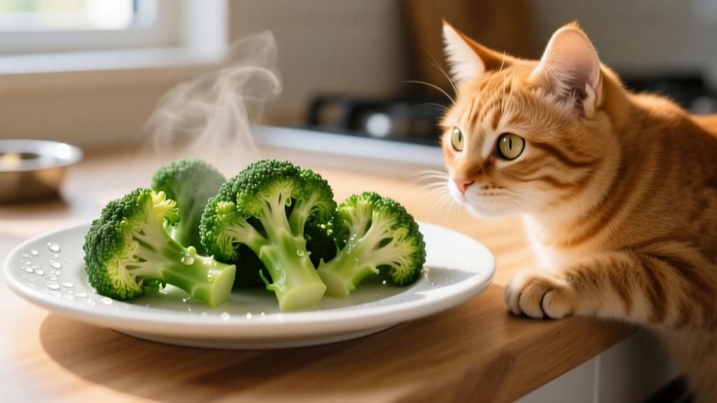A close-up of small, steamed broccoli florets on a plain plate, ready to be offered to a cat