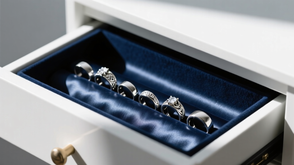Elsa jewelry box drawer pulled out, showing dark Pacific Silvercloth lining protecting a row of polished sterling silver rings.