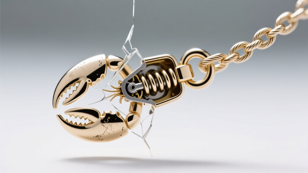 Macro view of a broken 14k white gold lobster clasp on a fine cable chain, showing the internal spring mechanism fully exposed