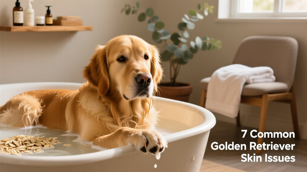 Golden Retriever receiving a soothing oatmeal bath during skin treatment