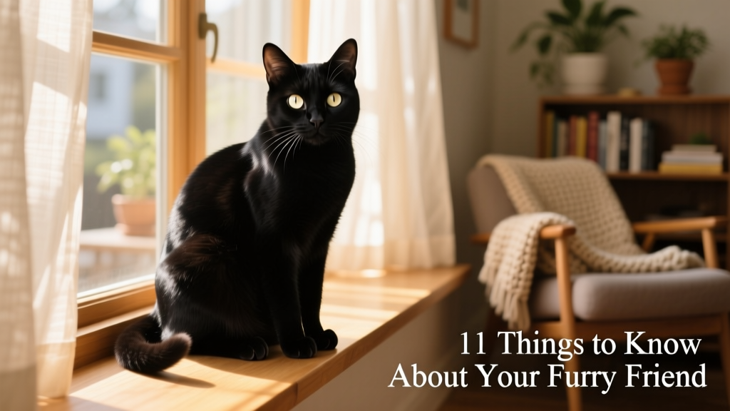 A glossy black cat sitting confidently on a sunlit windowsill, eyes bright and alert