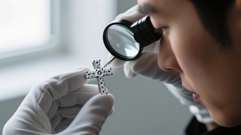Macro shot of a jeweler inspecting micro-prongs on a diamond cross pendant with a loupe, revealing the VS clarity melee stones