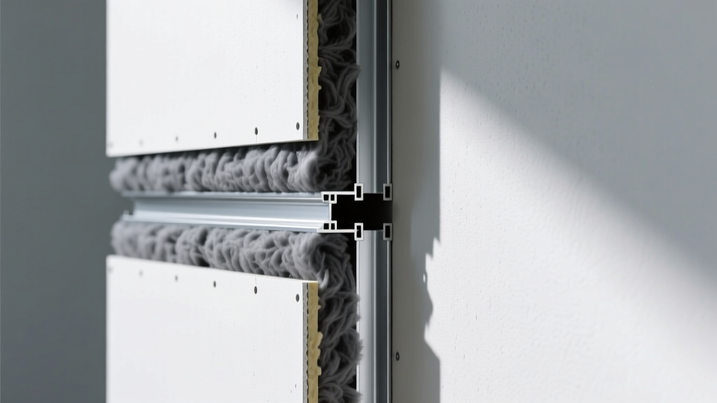 Framed wall cross-section with dense mineral wool, resilient channels, and double drywall for sound and thermal isolation.