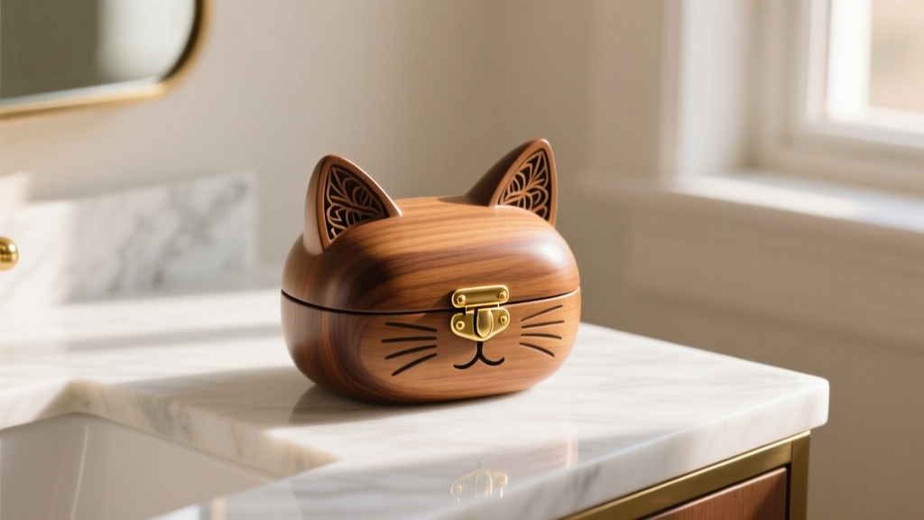 Wooden cat-shaped jewelry box on a marble vanity, soft morning light highlighting gold brass hinges and carved feline ears.