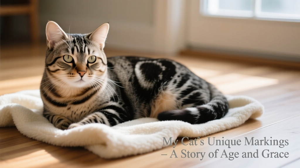 Senior cat calmly resting on a soft blanket, with gentle lighting highlighting her coat and calm demeanor