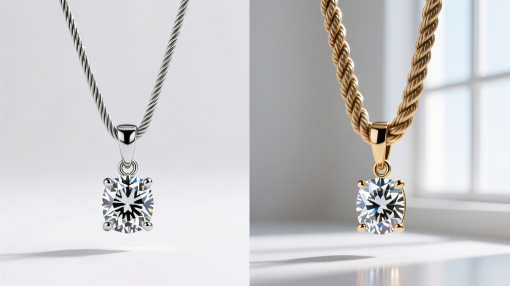 Side-by-side view of a delicate 1.0mm cable chain and a sturdy 1.5mm rope chain holding a one-carat horseshoe diamond pendant.