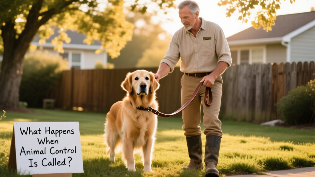 Dog trainer working with a calm, leashed dog in a backyard setting