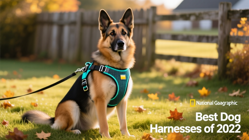 A shepherd dog sitting in a grass yard on a leash