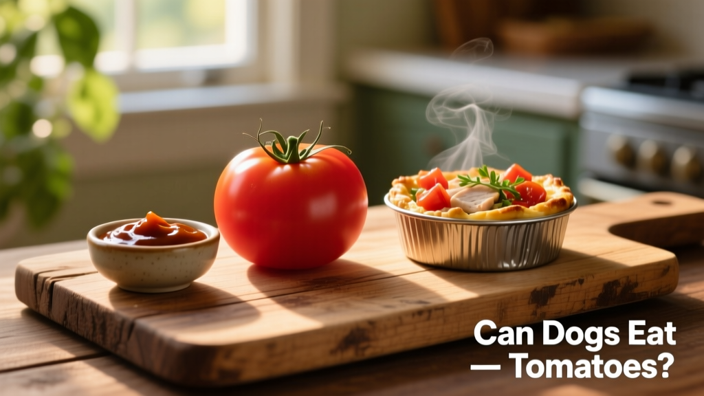 A variety of dog-friendly homemade treats laid out on a wooden board: tomato-based soft chews, a small bowl of pet-safe BBQ sauce, and a mini baked casserole portion