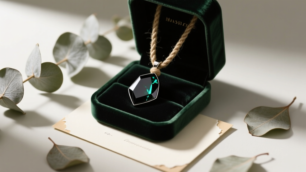 Velvet box showing a raw black tourmaline pendant on a hemp cord, surrounded by dried eucalyptus leaves and a small greeting card