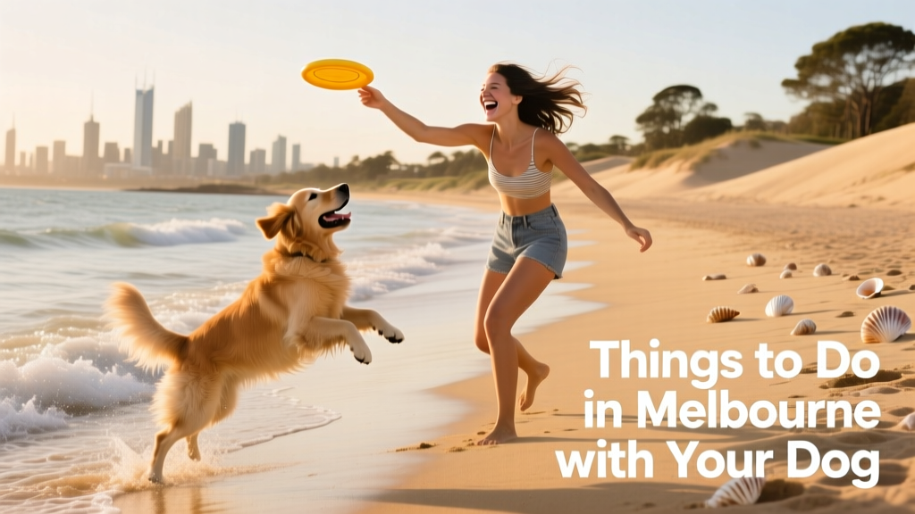 a woman and her dog playing together on a sandy Melbourne beach at water's edge