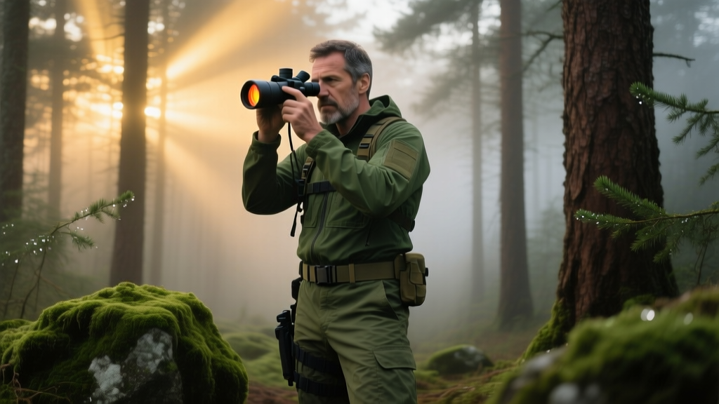 A rugged outdoor enthusiast in tactical gear examining a thermal monocular in a dense, foggy pine forest at dusk.