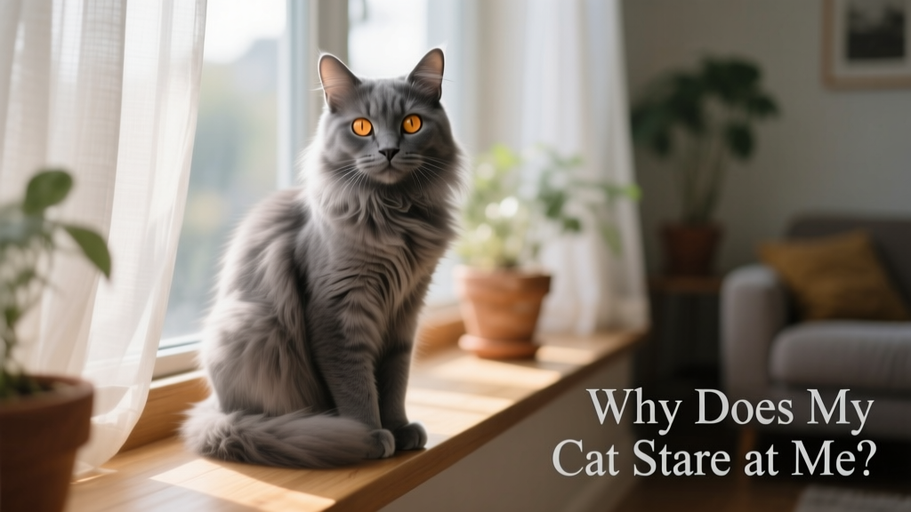 Grey long-haired cat sitting upright, gazing softly at the viewer.