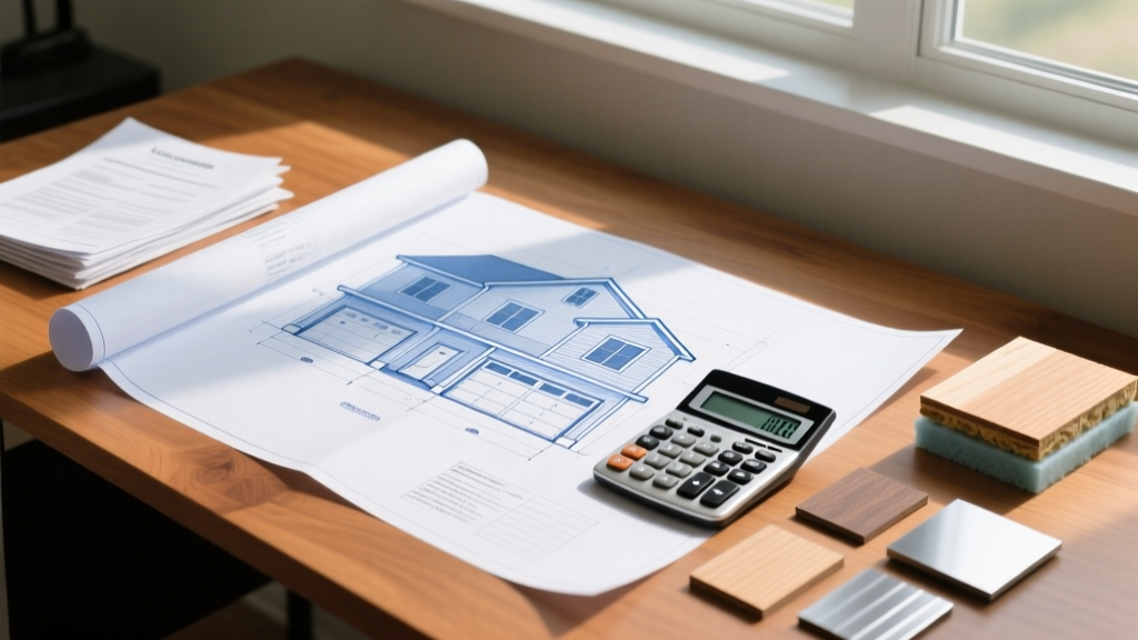 Two-story garage blueprints spread on a wooden desk next to a financial calculator, loan documents, and material samples