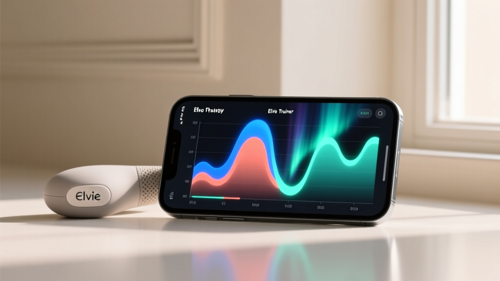 The Elvie Trainer device resting next to a smartphone displaying the pelvic floor biofeedback app interface with colorful progress graphs.
