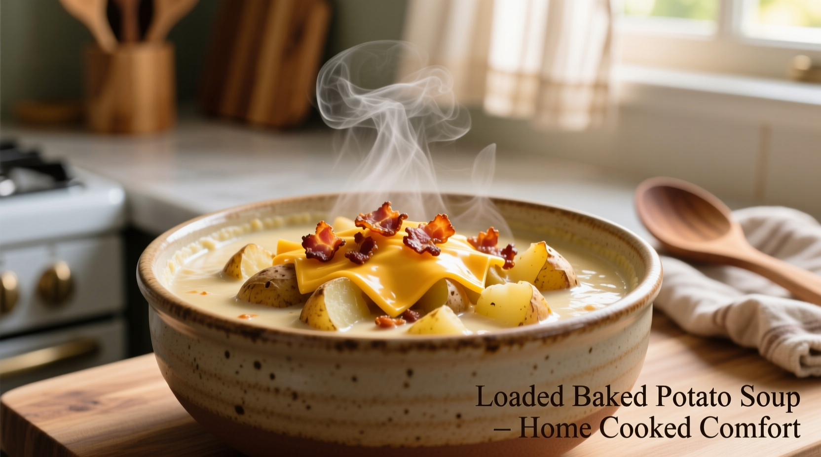 Steaming bowl of loaded baked potato soup with bacon and cheddar
