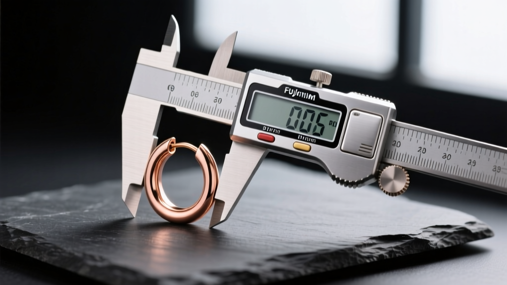 Digital stainless steel calipers measuring the exact inner diameter of a rose gold seamless hoop earring on a dark slate surface.