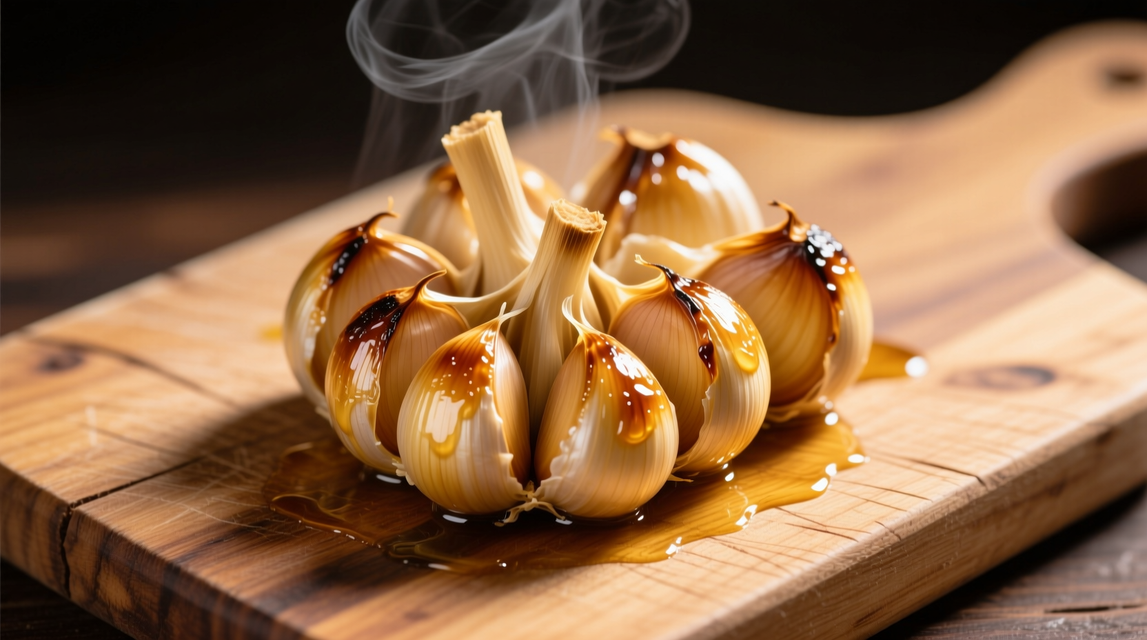 Golden roasted garlic cloves on wooden cutting board