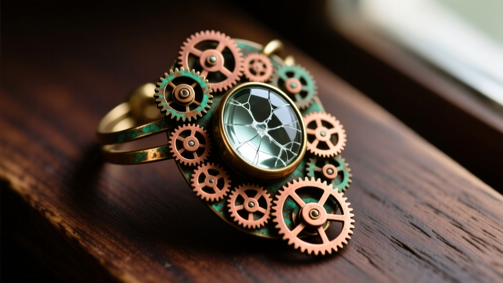 Close-up of tarnished brass steam punk jewelry with exposed copper watch gears and a cracked glass cabochon on dark wood