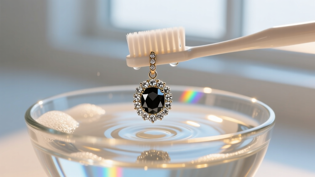 Macro shot of a soft-bristled toothbrush gently cleaning a pavé black diamond drop earring over a glass bowl of warm soapy water