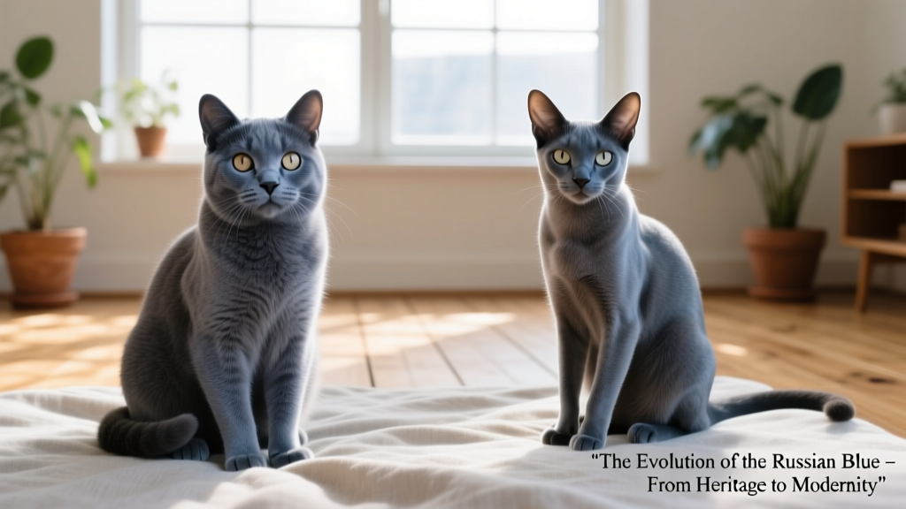A side-by-side comparison showing two Russian Blue cats — one classic European type with broader head, one modern American type with finer wedge-shaped profile — highlighting subtle but meaningful variations within the breed standard
