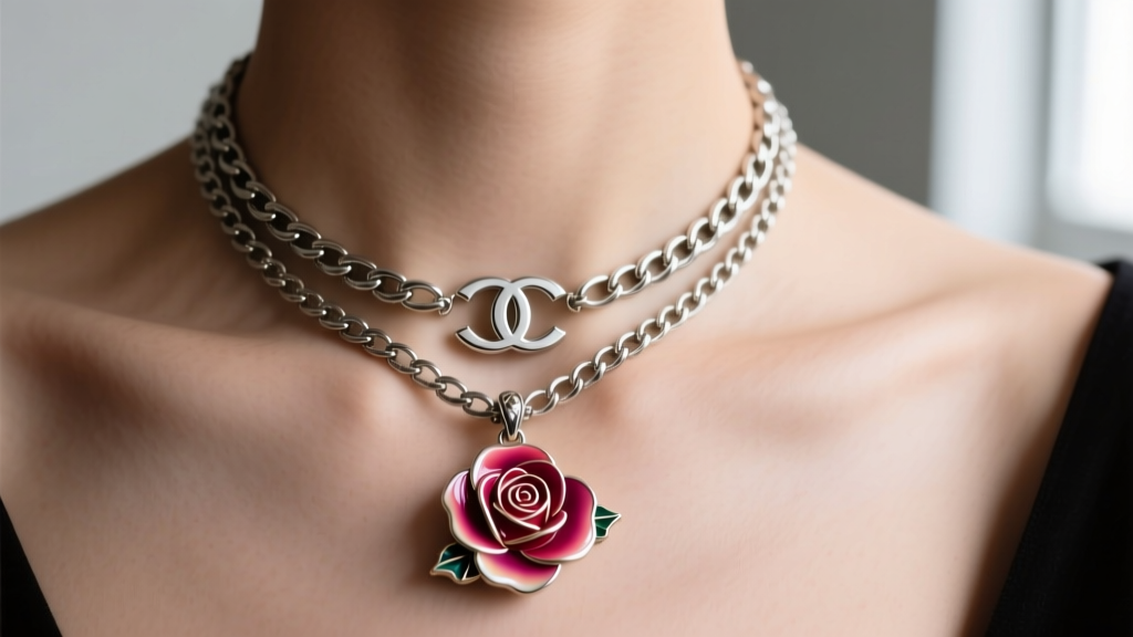Close-up of a layered silver-tone Coach charm necklace with a signature C logo and enamel tea rose pendant resting on collarbone
