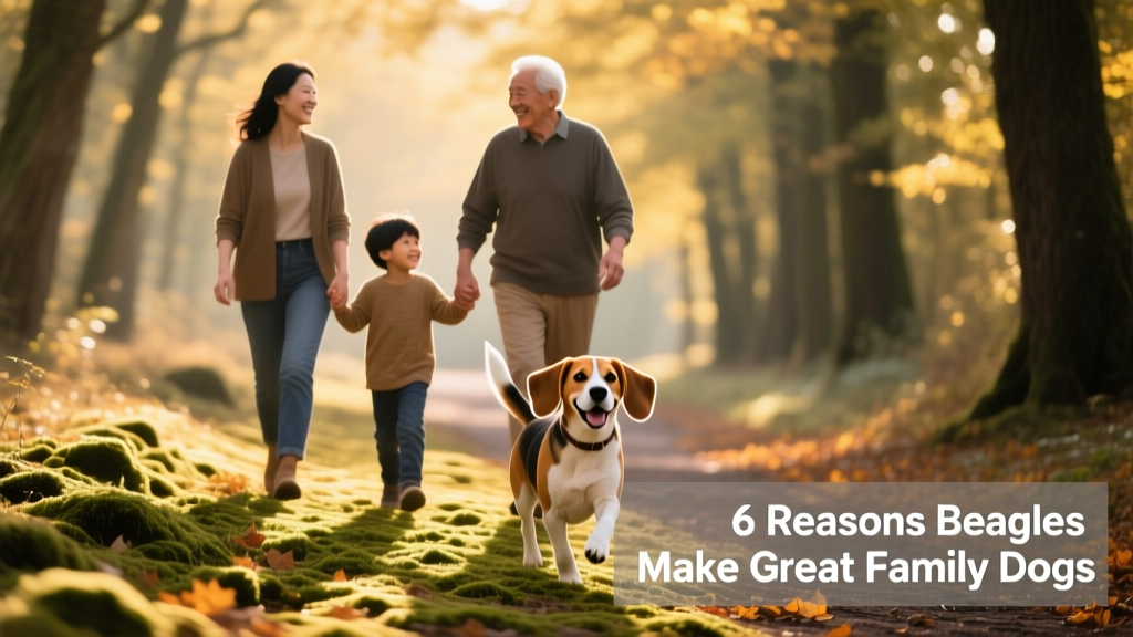 A diverse family walking together on a tree-lined path, with a Beagle happily trotting beside them