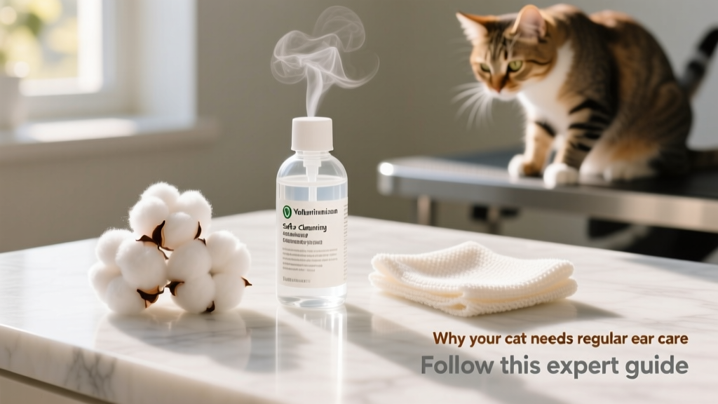 Array of safe ear-cleaning supplies: cotton balls, ear cleaning solution bottle, and soft cloth laid out on a clean surface