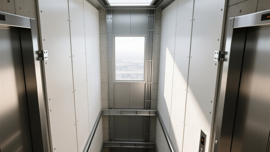 Architectural render of one-inch gypsum shaftliner panels locked into steel C-H studs inside a commercial elevator hoistway shaft