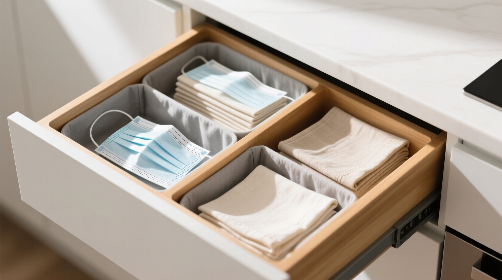 closet organization tips for masks napkins