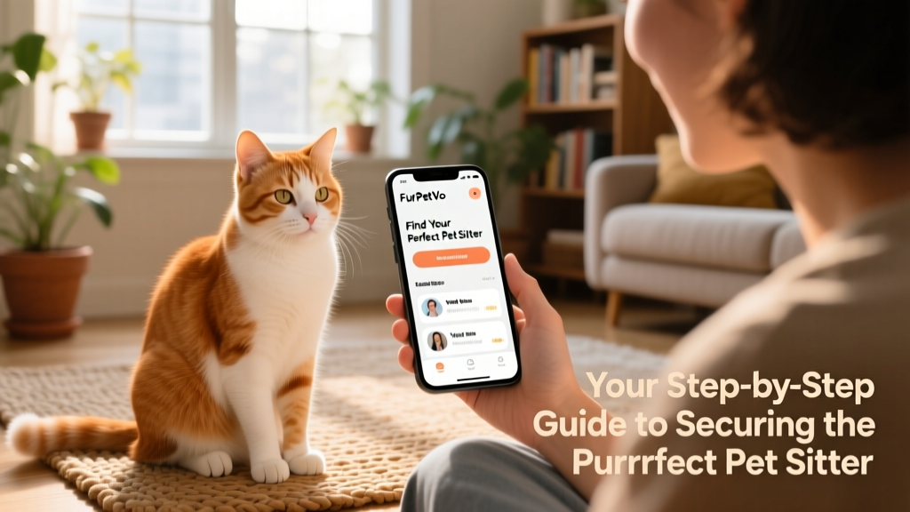A ginger and white cat sitting calmly beside a person holding a smartphone, showing a FurPetVo app interface