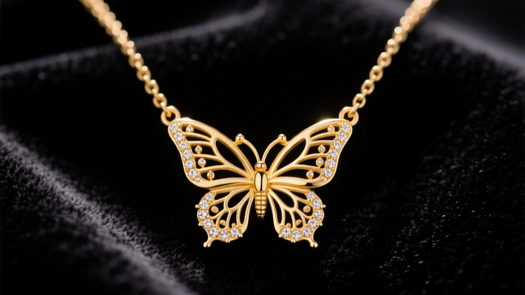 Macro shot of a 14k gold necklace with butterfly pendant on dark velvet, highlighting intricate wing prongs and a delicate bail.