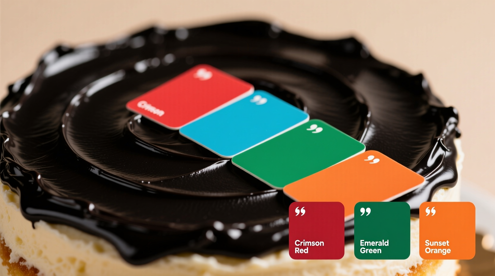 Black frosting on cake with color swatches