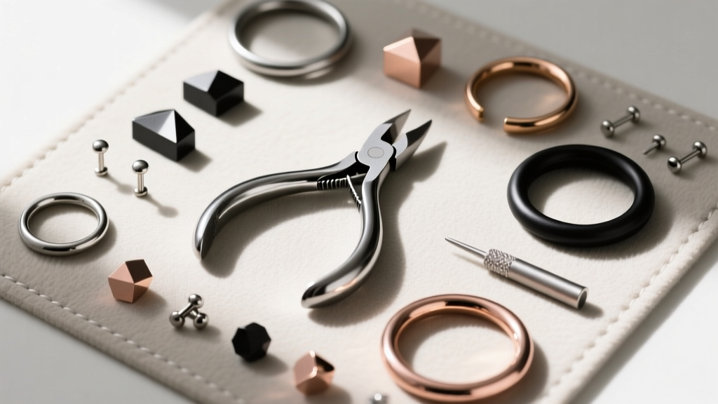 Top-down view of a repair mat displaying round nose jewelry pliers, saline, and various titanium nose studs and seamless hoops.