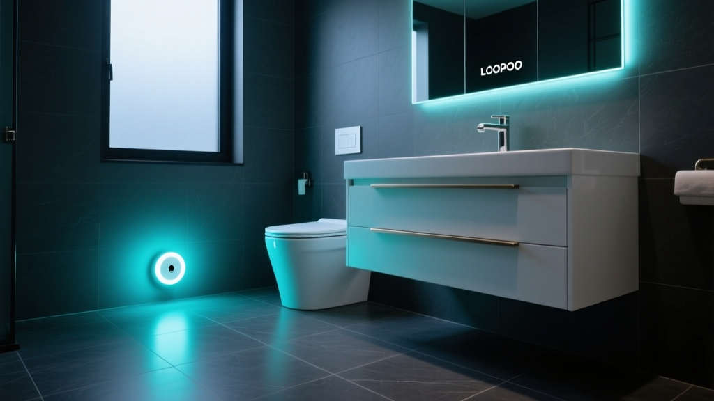LOOPOO motion sensor toilet night light casting a soft aquamarine glow across dark slate bathroom floor tiles