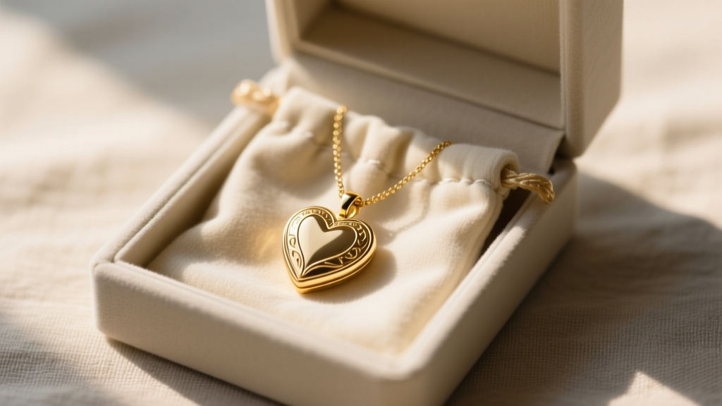 A neatly organized jewelry box showing a gold heart locket necklace stored inside an anti-tarnish microfiber pouch.