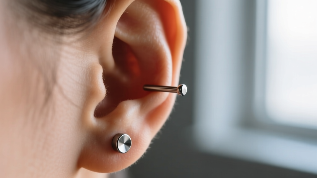 Close-up macro photography of a healthy earlobe piercing wearing a simple 18-gauge implant-grade titanium flat back labret stud.