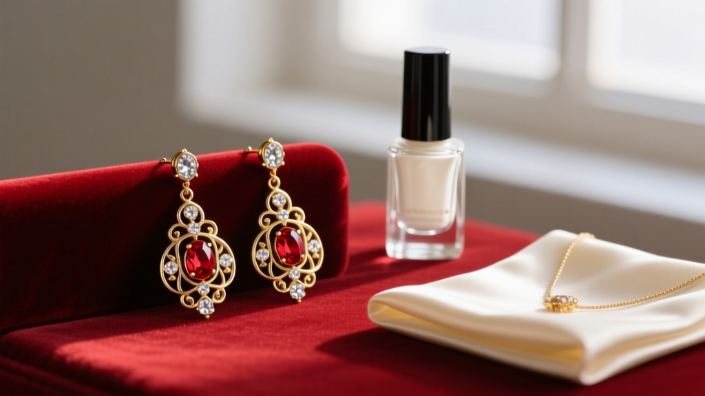 Festive red and gold holiday drop earrings resting on velvet next to a small bottle of clear nail polish and a soft jewelry cloth