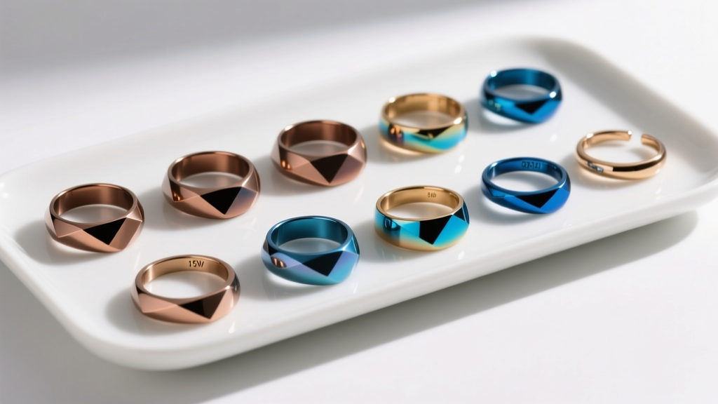 Array of anodized titanium jewelry showing voltage color shifts from bronze at 15V to bright blue at 50V on a white ceramic tray
