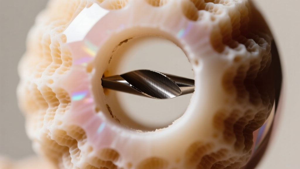 Macro close-up of a coral bead drill hole showing clean edges and zero epoxy residue, indicating high-quality gem craftsmanship.