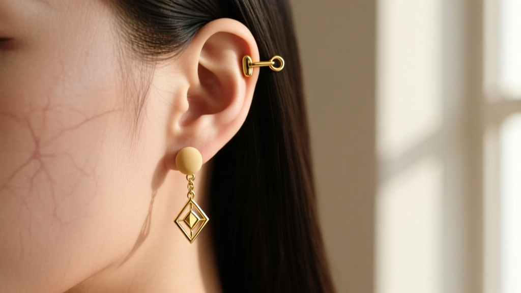 Side profile of an earlobe wearing a gold drop earring with a la pousette clutch and silicone pad to prevent lobe sagging issues