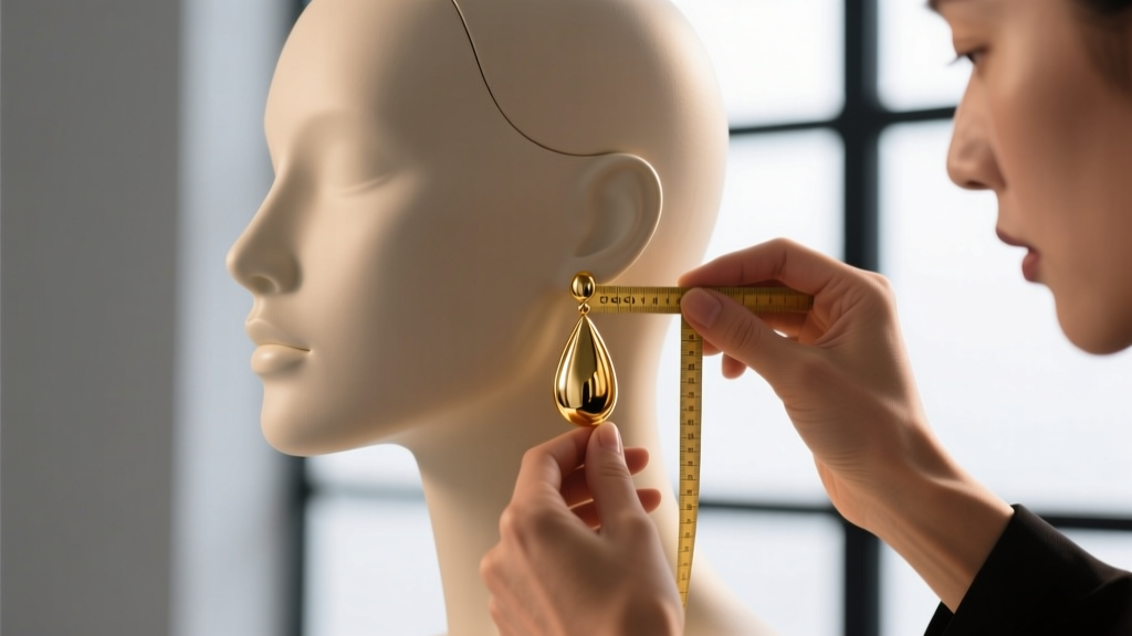 Close-up of a stylist measuring a 2.5-inch solid 14k gold teardrop earring against a mannequin with a round face shape profile