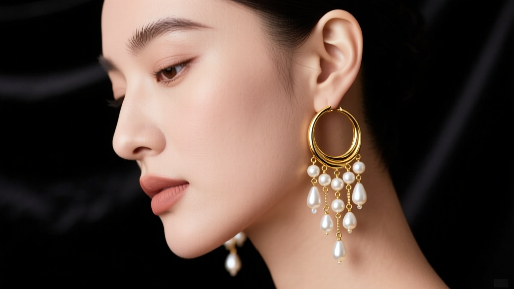 Elegant profile of a woman wearing 18k gold chandelier hoop earrings with cascading pearls against a dark velvet studio backdrop.