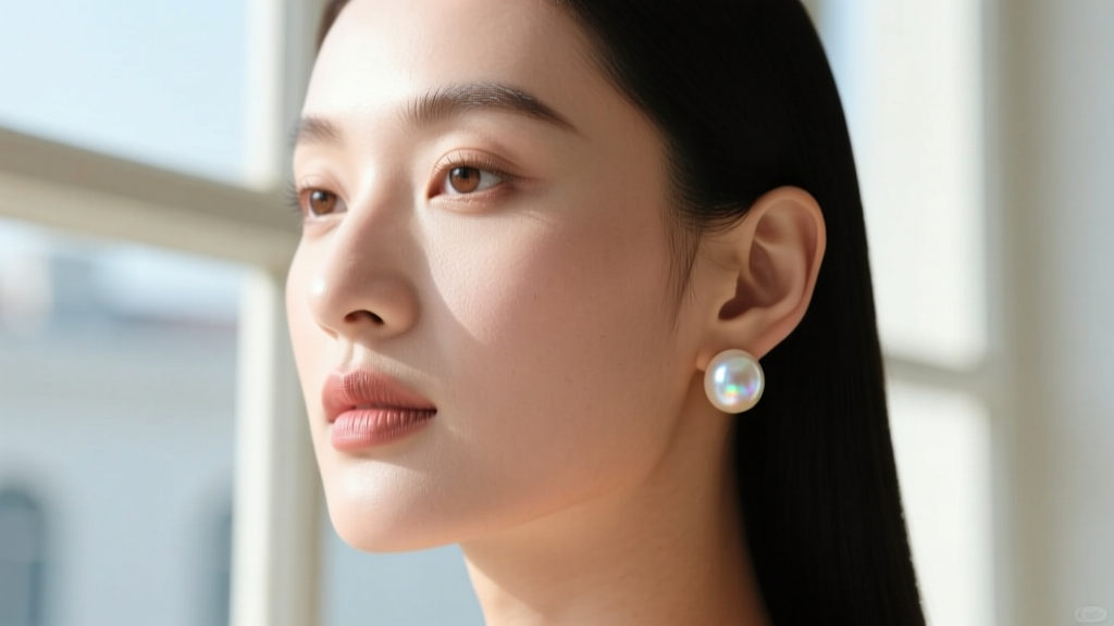 Portrait of a woman with an oval face wearing 8mm shell pearl huggie earrings, showing how the hoops complement her jawline.